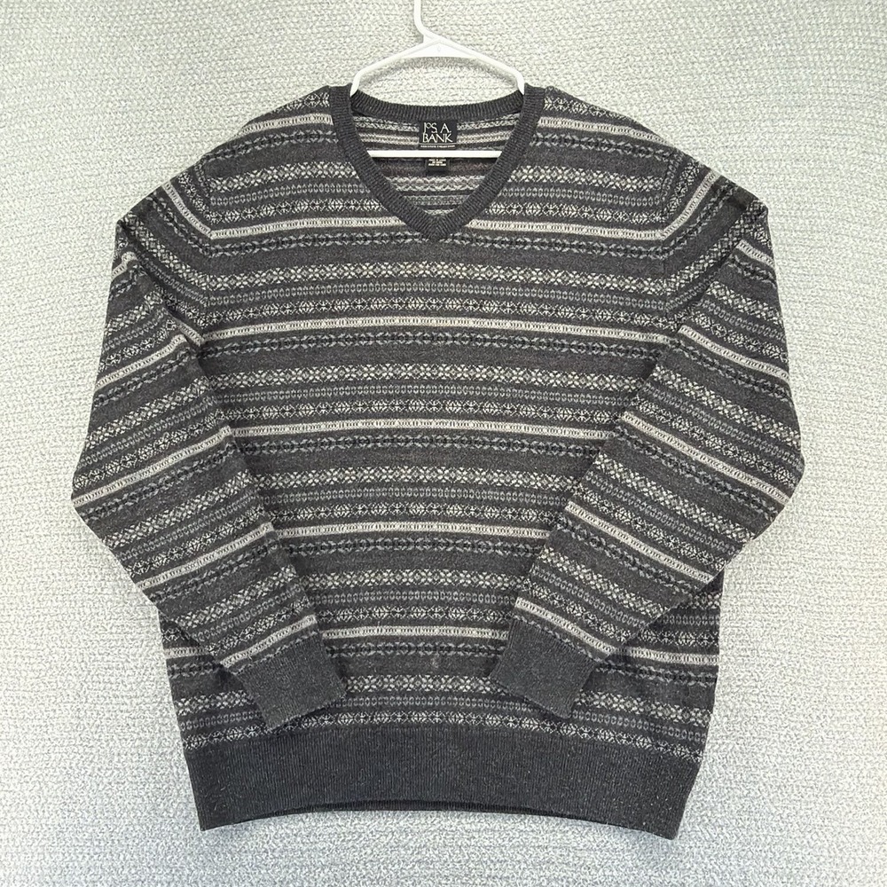 Jos A Bank Sweater Mens Large Gray Geometric Lambs Wool Blend Pullover V-Neck